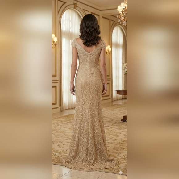 Ivonne D For Mon Cheri Champagne Lace Cap Sleeve Gown - Picture 4 of 12